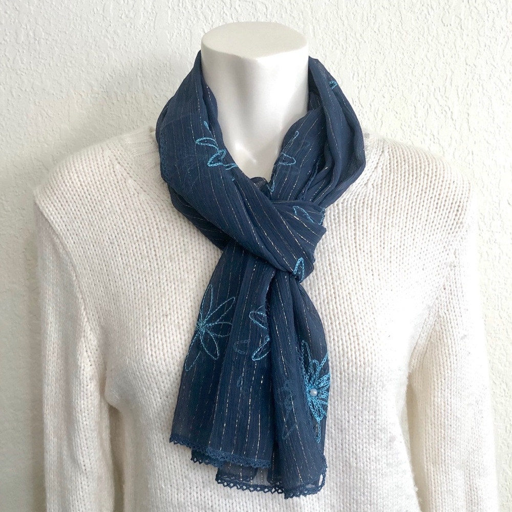 NWOT Floral embroidered sheer silk scarf